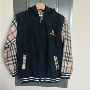 Black and Cream Varsity Jacket with Plaid Sleeves